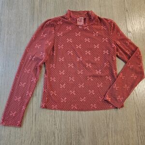 Maeve By Anthropology Y2K Style Red  Mesh Long Sleeve Top with Bow Sz.XSP